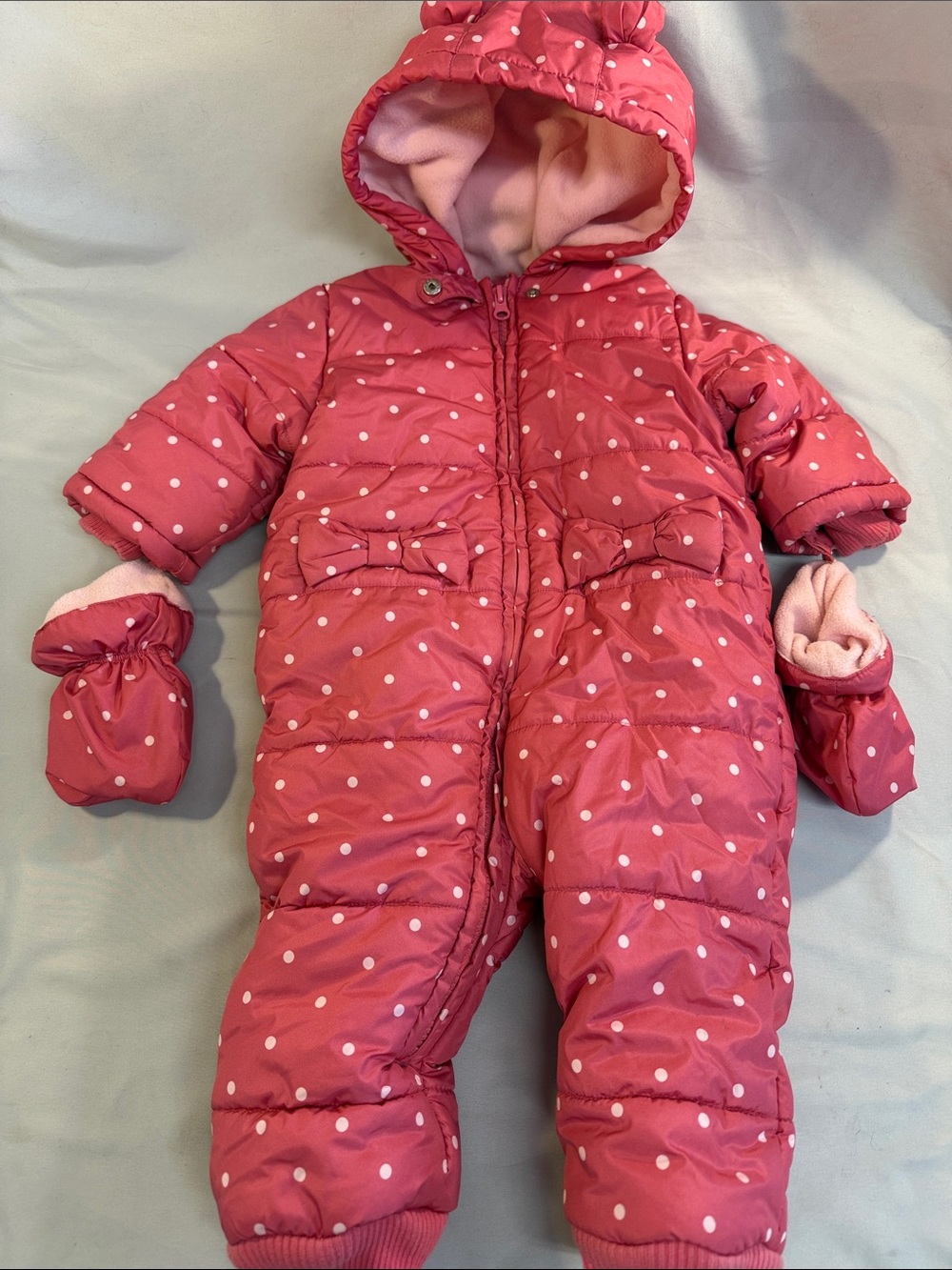 Pink Polka Dot Insulated Baby One-Piece Bunting bag with Mittens